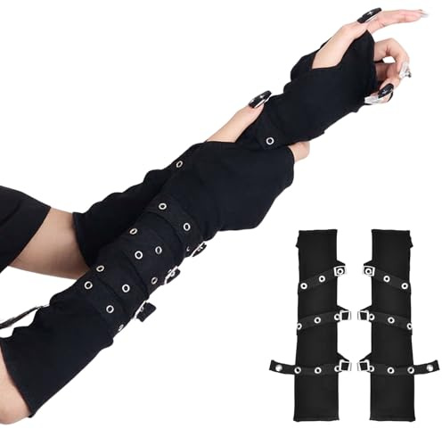 Wisebom 1 Paire Gothique Punk Gants Noir Punk Mitaines Manchettes à Lacets Long Femme Mitaine Style Steampunk pour Halloween, Cosplay, Carnaval, Fête, Taille Unique