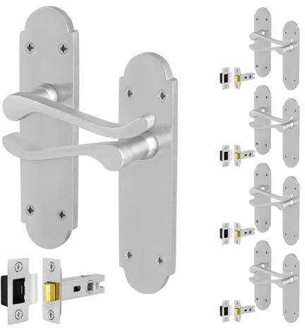 EAI Satin Chrome Door Handles with Latch 64mm, 5 Pack - Victorian Scroll | Complete Latch Kit with 5 Pairs of Victorian Scroll Lever on Backplate Door Handles, 64mm Latches, Fixings Included