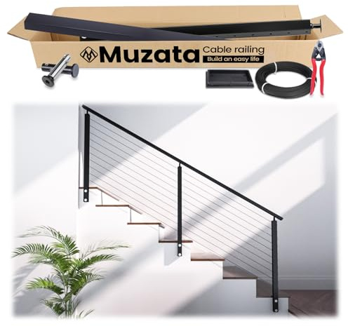 Muzata 3'-6'6 Side Mount Black Complete Cable Railing Kit for Stairs 42 Inch Cable Railing System with Post Handrail Left & Right Universal Space-Saving Fascia Mount RCF1 BA4L