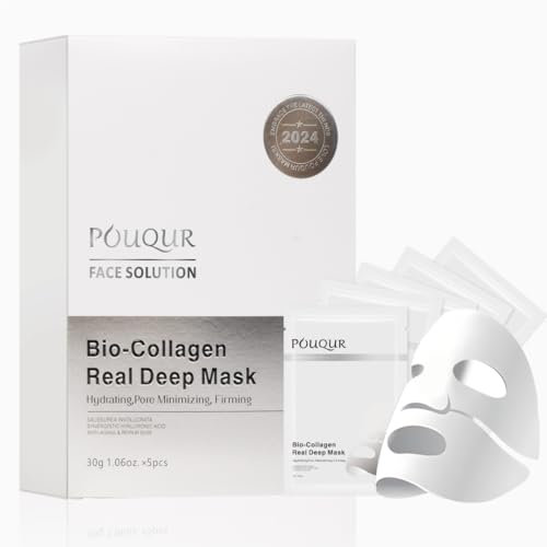 POUQUR Maschera Viso al Collagene Coreana Notturna, 5 Pezzi, Idratante e Anti-Età, Trattamento Overnight per Uomo e Donna, Riduce Pori e Rughe, Formula Naturale con Centella Asiatica - 30g