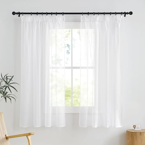 PONY DANCE Kurzgardine mit Kräuselband Fenster Vorhang Weiß Transparent | 2er Set, H137 x B140 cm, Voile Gardinen Durchsichtig, für Schienensystem, Kurz, für Küche Badezimmer Wohnzimmer, Modern