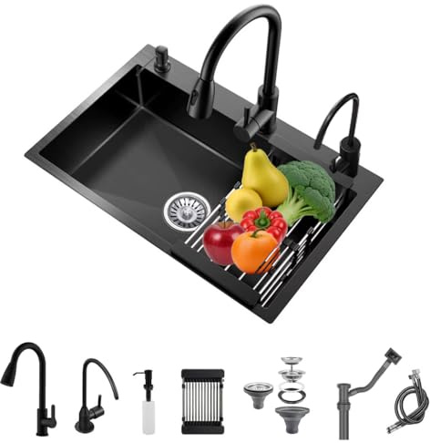 Fregadero de cuenco único negro con grifo,Acero inoxidable de gran capacidad gota en fregadero de cocina,Fregadero de estación de trabajo de utilidad Topmount (Con grifo, 50 * 45 * 20cm)