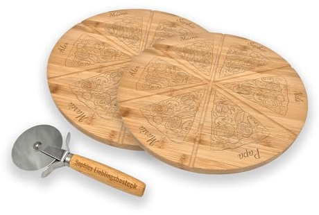 Pizzateller im 1er oder 2er Set inklusive Pizzaschneider mit individueller Gravur - Pizzateller und -schneider mit eigenem Namen, ideal geeignet als Geschenk (2er Set)