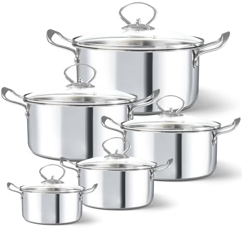 HOUSLUX Topfset Induktion Topf Kochtopf Set 5-teilig,Topfset Edelstahl poliert, Töpfe Set unbeschichtet Edelstahl poliert, Töpfe Set unbeschichtet (silberlich, 5 Teilige Set)