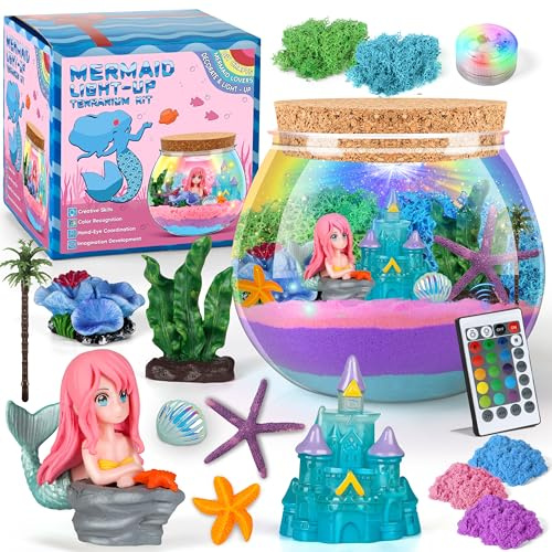Charmofun Kit de Bricolage de Terrarium Sirène, Mermaid Terrarium Kit, DIY Veilleuse Sirènes avec Minuterie Télécommande et Lumières Colorées, Sirènes Jouet Cadeau pour Filles de 4-12 Ans