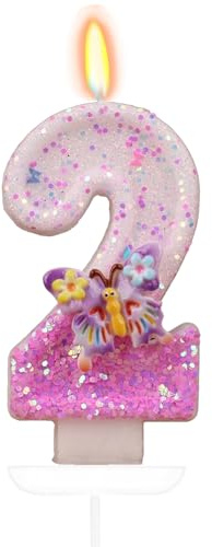 Tourima Kerze 2 Jahr Mädchen & Junge – Glitzer Zahlenkerze Schmetterling, Tortendeko Kinder, Kuchendeko Geburtstag, Geburtstagskerze 2, Geburtsagskerzen Kinder, Deko 2. Geburtstag Junge & Mädchen
