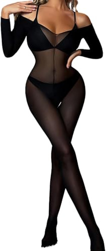 PARUPRUP Sexy Mesh Bodystocking for Women Long Sleeve Bodysuit Lingerie See Through Body Stockings Full Body Naughty Fishnet Bodycon Babydoll Stretchy Nightwear Tights Jumpsuit (Black2, One Size)