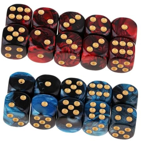 AEKZOX Lot de 20 dés D6 16mm en acrylique pour jeux de rôle RPG, jeux de société et jeux de table, dés noirs rouges et noirs bleus