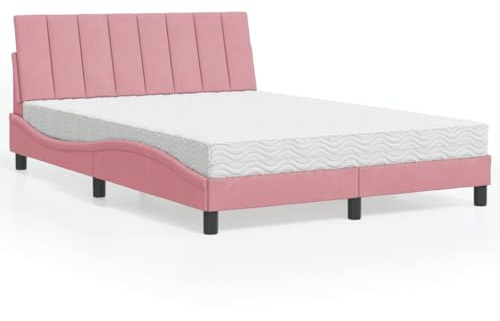 Teenpull Hanko säng med madrass, 140 x 200 cm, rosa sammet, vågformad design, H2/H3 vändmadrass för vilsam sömn, stabil träram