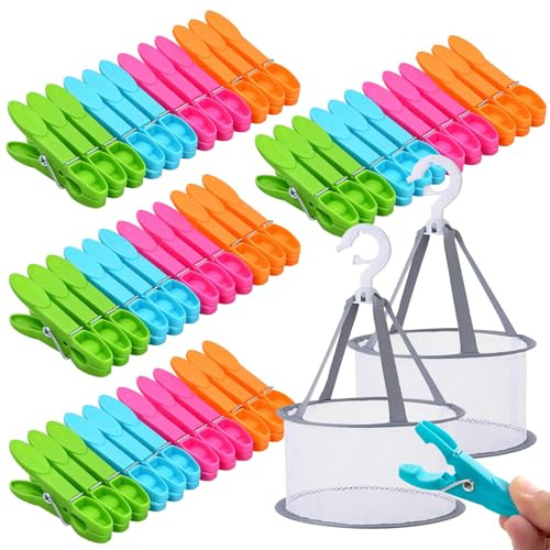 48Pcs Pinces a Linge Antiglissantes Pinces à Linge Multicolores en Plastique + 2 Panier de Rangement de Vêtements
