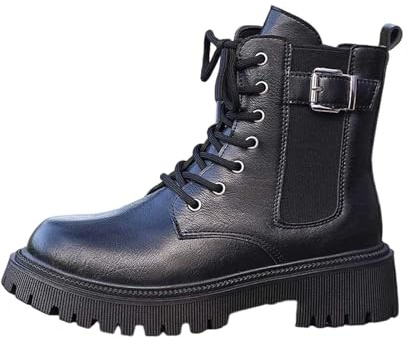 Generisch Stivaletti da donna con lacci con tacco Stivali in pelle, suola spessa, per autunno, stivali invernali, stivali medi, Nero , 36 EU