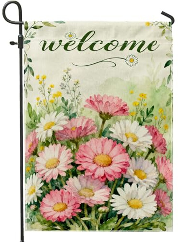 Bandiera da giardino con crisantemo, fiori di campo botanici primaverili verdi primaverili pesca su entrambi i lati in iuta decorativa per esterni, patio, prato, portico, ingresso, campeggio, 30,5 x