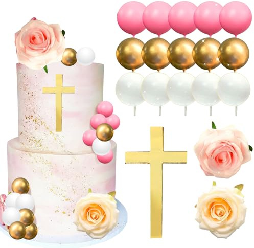 Décorations de Gâteau de Communion, 18 PCS Baptême Décoration de Gâteau, avec Cake Topper Bapteme Croix Dorée, Fleurs Artificielles et Boules, pour Communions, Baptêmes, Anniversaires (Rose)