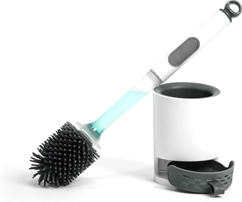 Silicone Toilet Brush, Flexible Head, Long Handle, Wall-mounted, Bendable Toilet Scrubber for Curved Rim, Non-Scratch Drip-Resistant Brush with Sprayer, Space Saving Bathroom Essentials (1PCS)