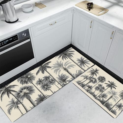 Lot de 2 Tapis de Cuisine Illustrations rétro, lavables et antidérapants Palmier dattier Palmier Tapis de Sol pour Décoration de la Maison et du Bureau, 40x60cm+40x120cm, Gris