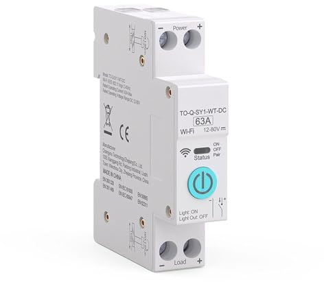 URPIZY Tuya DC Smart Switch 63 A 12-80 V, 1P+N Disyuntor con control remoto WiFi, control por voz para Alexa, temporizador y cuenta atrás, carcasa PA66, montaje en carril DIN para energía solar