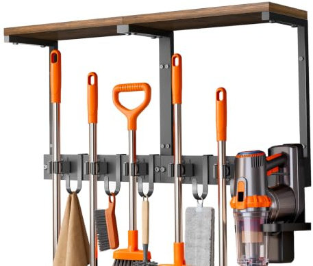 Supforce Broom Mop Holder Wall Mounted with Top Wooden Shelf, Heavy-Duty Metal Cleaning Supplies Organiser with Vacuum Holder, 5 Grippers and 5 Hooks for Kitchen Bathroom Garage Garden (Large)