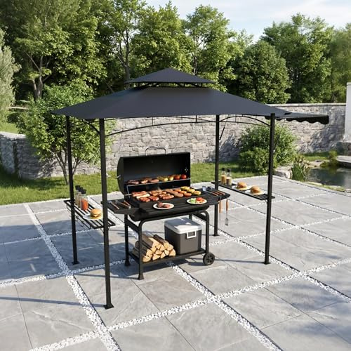 Naizy Grillpaviljong vintersäker 200 x 122 x 253 cm ventilation grillskydd med sidomarkering, 2 sidohyllor och krokar stålram paviljong för trädgårdsfest BBQ, svart