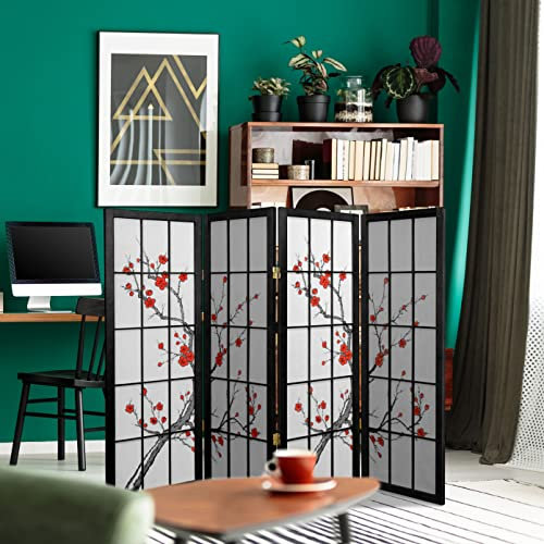 Oriental Möbel Einzigartige Kamin Bildschirm, 122 cm Low Cherry Blossom Shoji Screen Raumteiler, schwarz 4 Panel