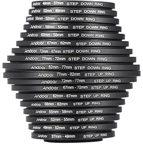 Andoer® Lot de 18 bagues d'adaptation en métal pour filtres d'objectif 37 49 52 55 58 62 67 72 77 82 mm