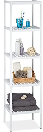 Relaxdays Bambus Badregal mit 5 Ablageflächen, HxBxT: 139,5 x 34,5 x 33 cm, hohes Standregal, Küchenregal, weiß