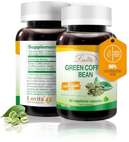 LOVITA Green Coffee Bean Extract, Standardized to 50% Chlorogenic Acids, 4:1 Concentrated for Metabolism, Natural Antioxidant & Size-Reduction Support, Plant-Based, 60 Vegan Capsules