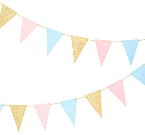 Letjolt Glitter Pink Blue Paper Banner Gender Reveal Party Decoration Supplies Garland Pennant for Baby Shower Birthday Anniversary Nursery Pre-Strung Decor 15pcs
