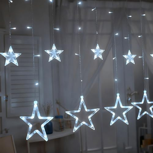 shsyue Christmas Window Lights Decorations Indoor, 2.5m LED Curtain Lights with 12 Stars 138 LED, String Lights for Xmas Tree,Bedroom,Wedding,USB Control 8 White Light Flashing Mode