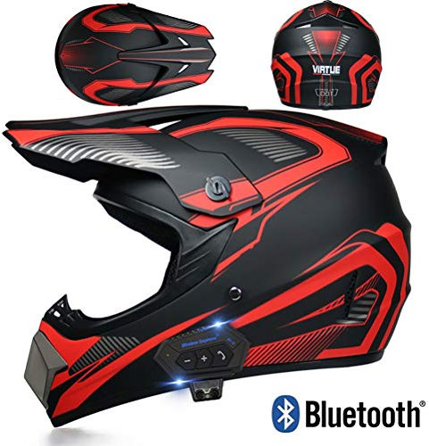 MTTKTTBD Bluetooth Motocross Helm mit Brille Handschuhe Maske Motorrad Crosshelm Off Road Helm Motorradhelm Integralhelme Schutzhelm Kit für Dirt Bike ATV Downhill MTB Sicherheit Schutz