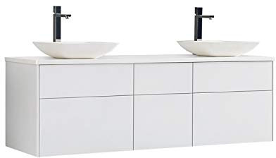StoneArt Badmöbel Set Mineralguss Waschbecken Waschschale Aufsatzwaschbecken und Unterschrank Waschtisch Einzel- oder Doppelwaschbecken Venice VE-1610pro-2 weiß 160cm