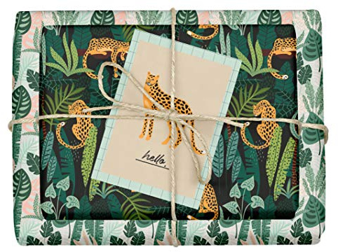 dabelino® Juego de papel de regalo vegano Leopard/tropical: 4 hojas + 1 tarjeta de felicitación (tropical, leopardo, papel reciclado, ángel azul, vegano, ecológico)