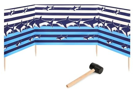 Garronda Paravento da Spiaggia, Protezione dal Vento, Protezione Privacy, Spiaggia, Giardino, paravento + Martello di Gomma GAEX001 (Strisce/Squalo, 4 m)