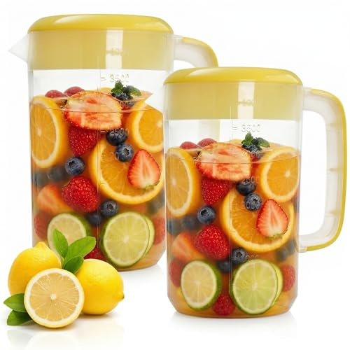 Jucoan 2 Pack 4L Plastic Pitcher with Lid, Clear Ice Tea Jug for Fridge, Large Water Jug with 3 Position Lid, Handles, Measurements