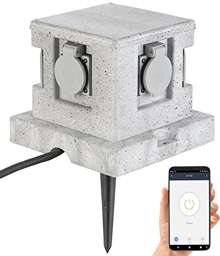 Royal Gardineer Steckdosenstein: 4-Fach-WLAN-Garten-Steckdose, App, Sprachbefehl, 16 A, 3.680 W, IP44 (Gartensteckdose WLAN, Außensteckdose Stein Zeitschaltuhr, Steckdosenleiste)