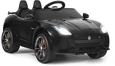 GOPLUS Elektrisk Jaguar-barnbil, 12 V, elbil med 2,4 Ghz fjärrkontroll, mjuk start, LED-ljus, tuta, säkerhetsbälte, 3–5 km/h, barnfordon för barn från 3 år upp till 25 kg, svart