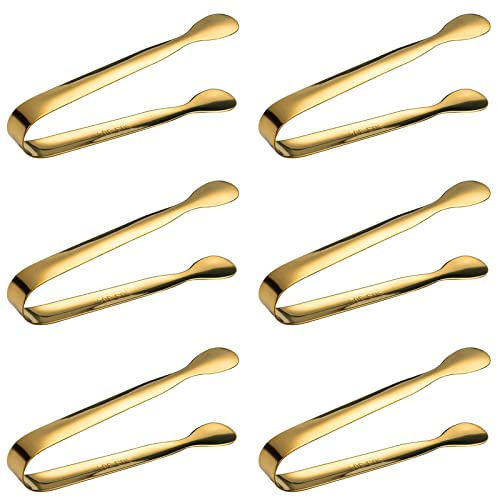 6 Pieces Mini Ice Tongs Sugar Tongs, Gold Stainless Steel Small Serving Tongs for Appetizers, Desserts, Coffee, Tea Party, Bar