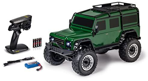 Carson 500404236 1:8 Land Rover Defender 100% RTR British Vert - Voiture radiocommandée, véhicule RC, Batteries et radiocommande incluses, Vitesse km/h, Temps de conduite 20 min