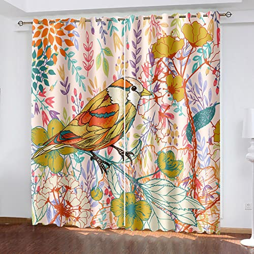 MTBDyyds Verdunkelungsvorhänge 3D Drucken 280X260Cm Bunt Blumen Vögel Verdunklungsvorhänge Kinderzimmer 2 Stück Vorhang Blickdicht Ösenschal Kindergardinen Junge Verdunklungsgardine