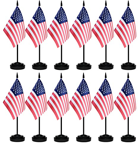 12 Pack USA Desk Flags Set, American US Small Mini Table Office Flags with 12 Solid Black Pole, 8.2 x 5.5 Inches, Home and Office Decoration, Festival Celebrations