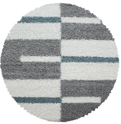 HomebyHome Teppich Rund Shaggy 200 cm Rund - Hochflor Runder Teppich Türkis, Grau und Weiss Extra Weich und Flauschig - Bettvorleger Teppich für Wohnzimmer, Schlafzimmer, Küche, Flur - Carpet, Halı