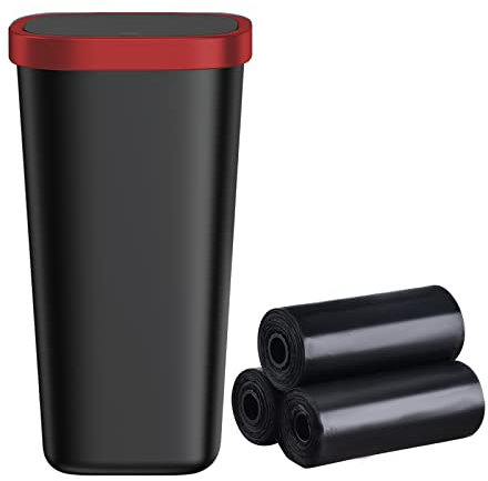 OATSBASF Mini Auto Mülleimer, Mülleimer mit Deckel Auto Mülleimer, Auto Getränkehalter Mülleimer, mit 45 zusätzlichen Auto Müllsäcken, Geeignet für Autos, Schlafzimmer, Büros, Küchen (Schwarz-Rot)