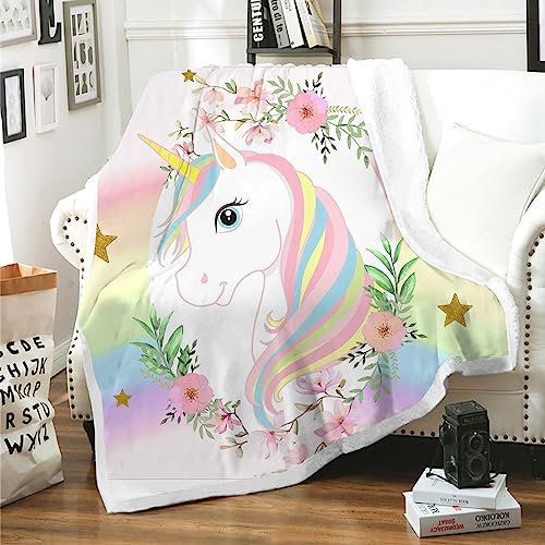 MUSOLEI Kuscheldecke Kinder Einhorn Decken 130×150cm Mädchen Fleecedecke Flanell Fleece Flauschig Plüsch Rosa Kinderdecke Sofadecke Sofaüberwurf Kinderzimmer Geschenke, Einhorn 01