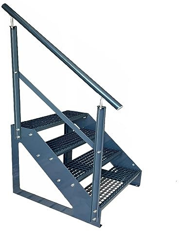 Kaminbau Mierzwa Premium Treppe Freistehend 4 Stufen Anthrazit Geländer Links (Breite 1000 mm) (Höhe 76cm) Wetterfest Gitterroststufe Gartentreppe
