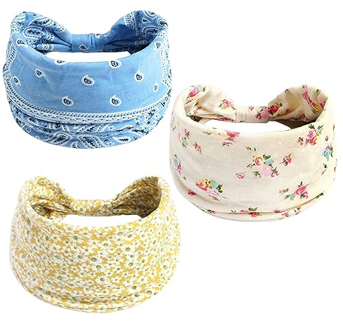 scicent 3 Stück Stirnbänder Damen Frauen Breites Haarband Boho Blumendruck Leopard Knot Elastische Lauf Yoga Kopfwickel Haarbänder Mehrfarbig - 13712