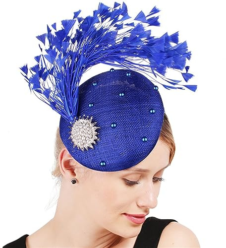 GIBZ Glitzer Fascinator Hut Damen Tea Party Stirnband Elegant Pillbox Hüte mit Federn Perlen Hochzeits Kopfschmuck, Blau