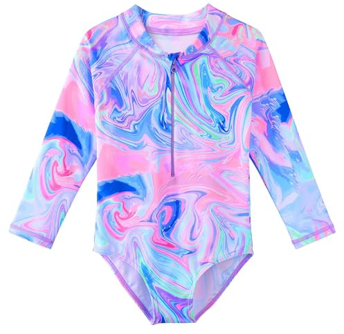 HUAANIUE Girls Swimsuit Long Sleeve 1pcs Swimwear UPF 50+ UV Sunsuit with Zipper 4-12Y Swimming Clothes Summer Bathing Sportswear(PurpleAgate,140/146)