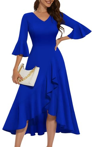 HomRain Women V-Neck Split Maxi Dress Wedding Guest with Ruffle Long Sleeve Formal Prom Cocktail Evening Party Vintage Flowy A Line Graduation Dress RoyalBlue L