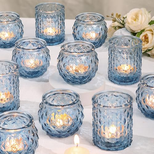 DARJEN Blue Glass Votive Candle Holders Set of 24 - Round Tea Lights for Wedding, Shower, Party & Gift