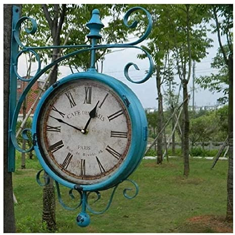 LUOYAOB Retro Bahnhofsuhr Retro doppelseitige Uhr, Vintage Central Station Uhr, Schmiedeeisen -Wand -Halterung, for Terrasse, Garage, Außenbereich Antique -Look -Bahnhof zweiseitige Uhr