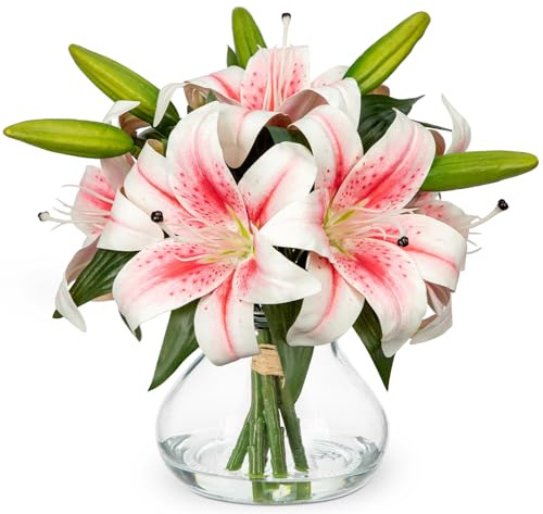 Artificial Flowers Tiger Lily Real Touch with Vase Easter Lily Pink Lilies Silk Faux Flowers Arrangements in Glass Vase with Faux Water Easter Decor Fake Floral Bulk Bouquet for Office Home Decor